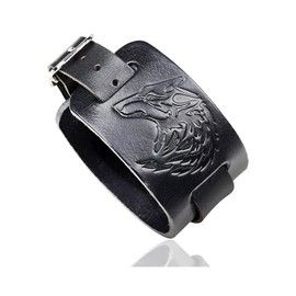 Fusamk Punk Belt Buckle Wristband Wolf Wide Leather Bracelet,7.0-8.0inches
