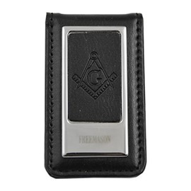 Black Leather Square & Compass Masonic Money Clip - [Silver][3'' Tall]