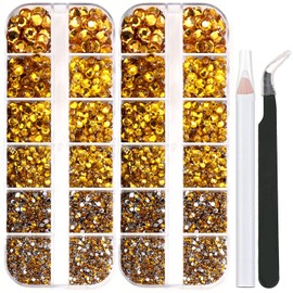 5320 Pieces Flat Back Gems Round Crystal Rhinestones 6 Sizes (1.5-6 mm) with Pick Up Tweezer and Rhinestones Picking Pen for Crafts Nail Face Art Clothes Shoes Bags DIY (Golden)