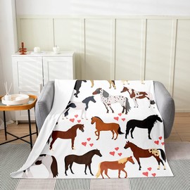 Galloping Horse Blanket,Cartoon Farmhouse Horses Throw Blanket for Kids Boys Girls Teens,Cute Safari Animal Fleece Blanket Baby 30x40,Kawaii Cowboy Cowgirls Pink Lover Heart Flannel Blanket Warm