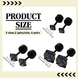 GOMAKERER 6 Pairs 3 Sizes Screw Back Surgical Stainless Steel Stud Earrings, Black Cubic Zirconia Studs Simple Small Studs Earrings for Women Men