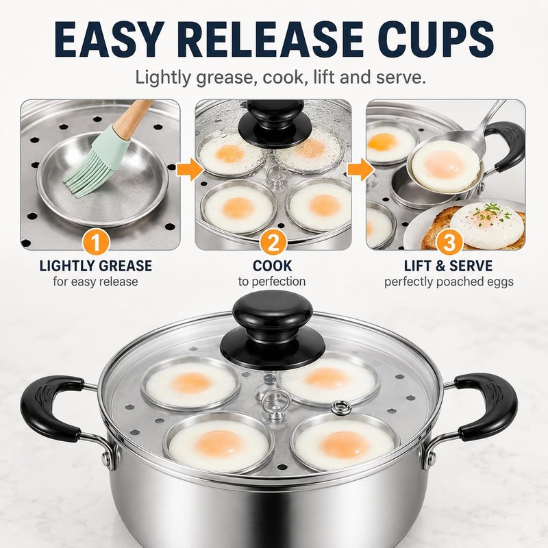 Egg Poacher Pan, Egg Poacher, Stainless Steel, 4 Cups Egg