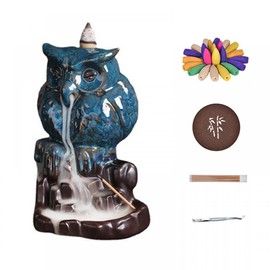 Ceramic Backflow Incense Burner Holder Owl Waterfall Incense Holder with 20 Backflow Incense Cones + 30 Incense Stick +1 Tweezer + 1 Mat