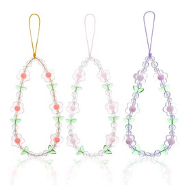 Kifmurase 3 Pcs Flower Phone Charms, Pink Aesthetic Flower Lanyard Wrist Strap Beaded Phone Keychain Charm, Colorful Camera Wrist Strap Y2K Beaded Cellphone Charm for Women Gifts