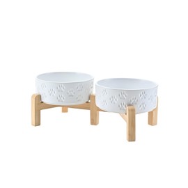 SPUNKYJUNKY Elevated Dog Bowls Ceramic, 5.1'' Dogs and Cat Food Water Bowls Raised with Non-Slip Bamboo Stand for Puppy Small Sized Breed Microwave Dishwasher Safe - 13.5 OZ,Paw White