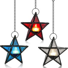 Glooglitter 3 Set Stained Glass Star Shape Lantern Hanging Candle Holder Hanging Star Tealights Candle Holder Moroccan Lantern Ornaments for Patio Window Balcony Wedding Birthday Home Decoration