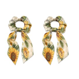 Qehuruxo Sunflower 2 Pieces Bow Hair Tie for Women Hair Tie No Damage Bowknot Hair Scrunchies Satin Scarf Hair Ties Ponytail Holder with Bows Hair Scrunchy Accessories Ropes