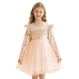 Sinhoon Velvet Girls Dresses Ruffle Sleeve Tulle Girls Dress for Fall Winter Kid's Casual Dress 5-10 Years Beige