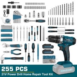 Tool Kit with 21V Cordless Drill - Sundpey 255-PCs Portable Complete General Basic Home and Auto Repair Tool Set with Drawer for Handyman & Diyer & Homeowner - Power Drill with 2 x 2.0Ah Batteries