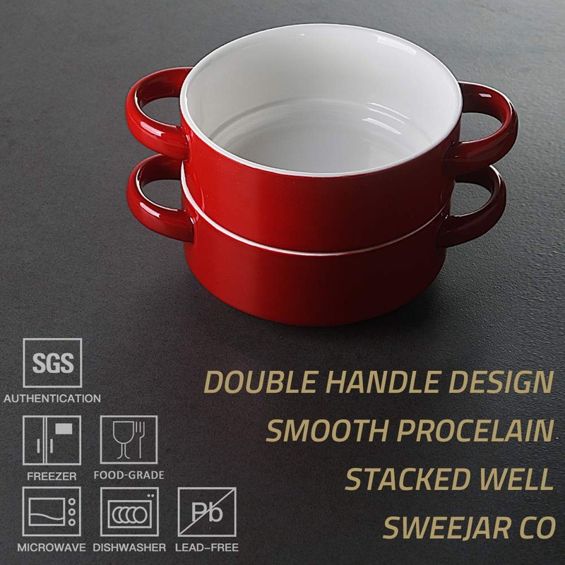 Sweejar Ceramic Soup Bowls with Double Handles, 20 Oz Stacked
