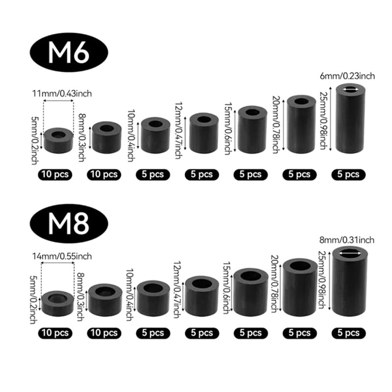 90 Pcs ABS Round Spacers Washers Assortment Kit, M6 M8