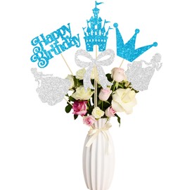 Gyufise 12Pcs Princess Centerpiece Sticks Birthday Bowknot Castle Birthday Table Flower Centerpieces Sticks Crown Bow Party Decorations for Bridal Shower Birthday Wedding Party Supplies Blue