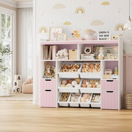 HORSTORS 55" W Toy Storage Organizer with Drawers, Large Kids Toy Storage Box with Removable Bins, Tall Kids Bookshelf and Bookcase for Boys and Girls, Modern Toy Chest for Playroom, Classroom, Pink