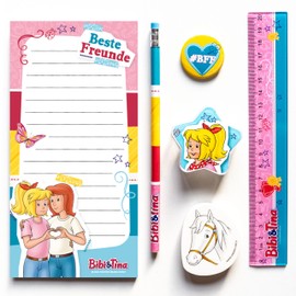 Papierdrachen 6-Piece Writing Set for Primary School Children Bibi and Tina with Pencil Sharpener Ruler Eraser Writing Pad for School Enrolment Party Bags for Children's Birthday Parties Set 8