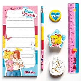 Papierdrachen 6-Piece Writing Set for Primary School Children Bibi and Tina with Pencil Sharpener Ruler Eraser Writing Pad for School Enrolment Party Bags for Children's Birthday Parties Set 8