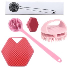 Cepillo de baño multiusos, juego de cuatro piezas, material de silicona, adecuado para masajear el cuero cabelludo y limpiar el cuerpo, funcionamiento manual. (Pink)