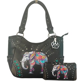 Large Elephant Purse Western Handbag and Wallet Set for Women Boho Tote Bag Combo (Black)