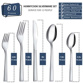 Silverware Set, Hunnycook 60-piece Silverware Set for 12, Stainless Steel Flatware Set, Include Fork Knife Spoon Set, Mirror Polished, Dishwasher Safe, Cutlery Set for Home Kitchen Restaurant