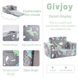 Givjoy Toddler Chair Kids Couch, 2-in-1 Toddler Soft Sherpa Couch Fold Out Armchair with Removable Cover, Convertible Reading Chair Toddler Sofa for Kids, Glow in The Dark Plush Grey Dinosaur