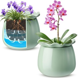 Suclain 2Pcs Self Watering Plant Pot 6 inch Large Self Watering Pots for Indoor Outdoor Plants Flowers African Violet Pots Ceramic Plant Self Watering Pot for Efficient Absorption Water(Green)