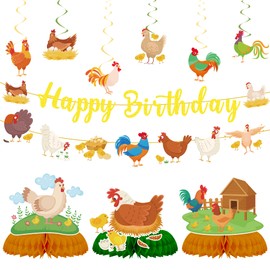 Chicken Birthday Party Decorations Banner - 11 Pcs Farm Party Decoration Including Yellow Happy Birthday Banners Rooster Hanging Swirls Honeycomb Centerpieces for Animal Themed Baby Shower Supplies