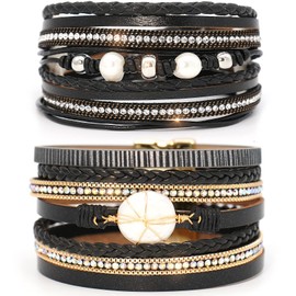 Chamqueen 2 Pieces Magnetic Buckle Leather Braided Bracelets Wrap Bangles for Women Black