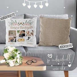 PR Print Royal Design Your Own Cushion with Photo Collage – Gift for Wedding Anniversary – Includes Cushion Filling – with Name and Date – with Zip, Colour Cushion Back, Beige Patterned, 40 x 40 cm