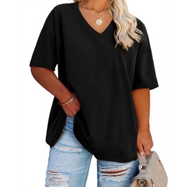 Women's Plus Size V Neck T Shirts Summer Half Sleeve Tees Casual Loose Fit Cotton Tunic Tops Black
