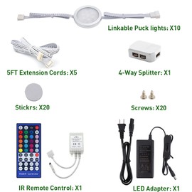 AIBOO 24V Under Counter LED Lights, RGB+White Under Cabinet Lighting Linkable, Color Changing Puck Lights Dimmable with Wireless 40-Key IR Remote Control (RGBW, 10 Lights)