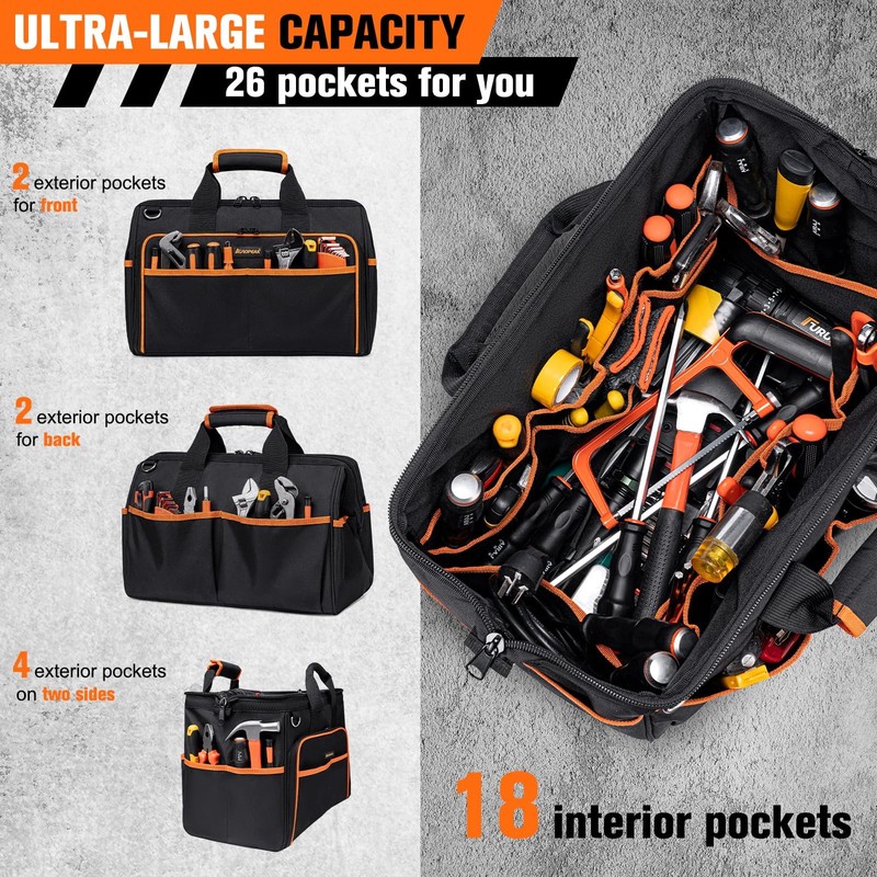 Heavy Duty Tool Bag 17.3-Inch, 26-Pocket Large Tool Bags for