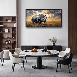 Rhino Large Framed Wall Art Rustic Cool Wild Animal Rhinoceros Pictures Sunset Field Landscape Wall Decor Canvas Print Painting Artwork for Bathroom Living Room Bedroom 60L"x30W"