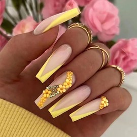 Press on Nails Long Ballerina French Tip, 24 PCS Full Cover Reusable Coffin False Fingernails with Sticky Tabs, Artificial Acrylic Fake Nails with Flower Designs, Stick on Nails Square for Women