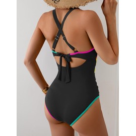 B2prity Women's One Piece Swimsuits Tummy Control Ruched Bathing Suit V Neck Tie Back Swimwear Wrap Swim Suit