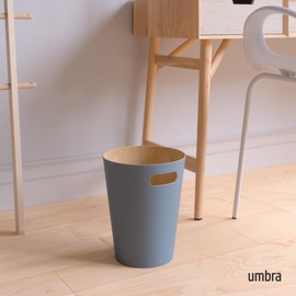 Umbra Waste Bin - Two-Tone Wooden Waste Paper Bin for Office, Bathroom, Living Room and More, Wood, Slate Blue, 7.5 L