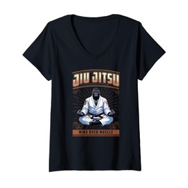 Women's Jiu Jitsu Mind Over Muscle - Big Grappling BJJ Gorilla V-Neck T-Shirt, black