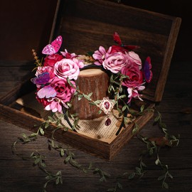 MOSTORY Rosen Feenkrone für Renaissance Frauen Cosplay Woodland Flower Kopfschmuck mit Schmetterling und Rebe für Fotoshooting