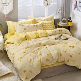 Homewish Cream Yellow Floral Comforter Cover Flowers Bedding Set Luck Clover And Cream Yellow Plaid Reversible Design Floral Kids Room Decor Bedclothes 1 Duvet Cover 1 Pillowcase (King,Cream Yellow)