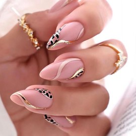 Leopard Press on Nails Medium Almond Fake Nails Gold Curve Stick on Nails Full Cover Pink False Nails Acrylic Glitter Glue on Nails Cute Swirl Nail Art Decorations for Women Girls Manicure 24Pcs