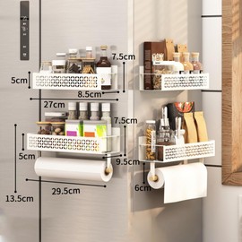 Curtainboro Magnetic Spice Rack for Refrigerator, 4 Pack Spice Shelf, Magnetic Fridge Shelf With Paper Towel Holder for Refrigerator, Microwave, Seasoning Organizer for Kitchen