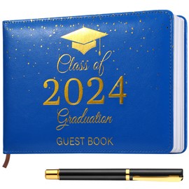 Frienda Leather Graduation Guest Book with Pen Graduation Party Supplies Graduation Guest Book 2024 Grad Party Sign in Guest Book for College, High School (Blue, Gold,Class of 2024)