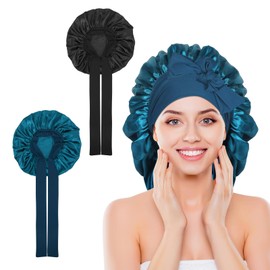 Arqumi 2 Pcs Satin Silk Bonnet for Sleeping Women, Large Long Strap Tie Band Adjustable Sleep Night Cap Hair Bonnet Wrap for Men, Black+Hole Blue