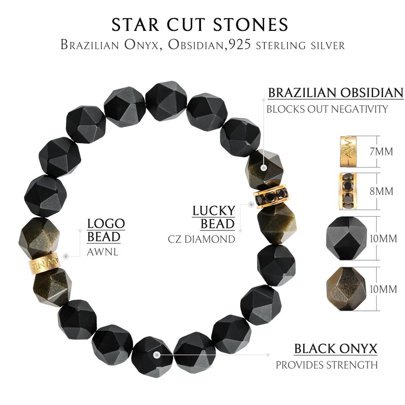 AWNL Beaded Bracelet with Black Onxy,Golden Obsidian,10 mm Natural Gemstone