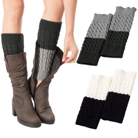 PHOGARY 2 Pairs Winter Warm Boot Cuffs for Women, Crochet Knitted Boot Socks for Gilrs Short Leg Warmers Boot Topper Socks Leg Cuffs Boot Warmers Gift (2 Color Stitching)
