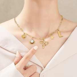 Frigotine Gold Bow Heart Charm Pendent Necklace for Woman, Trendy Cowboy Boot Shell Star Dangle Charms Adjustable Paperclip Chain Necklaces Prom Party Fashion Jewelry Birthday Gift