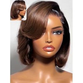 UNICE 12 inch Ombre Chestnut Brown Short Bob Wig human Hair Side Part with Blow Out Bangs 7x5 Lace Front Glueless Wigs Human Hair Pre Plucked Pre Cut Bleached Knots Ready to Wear Wig