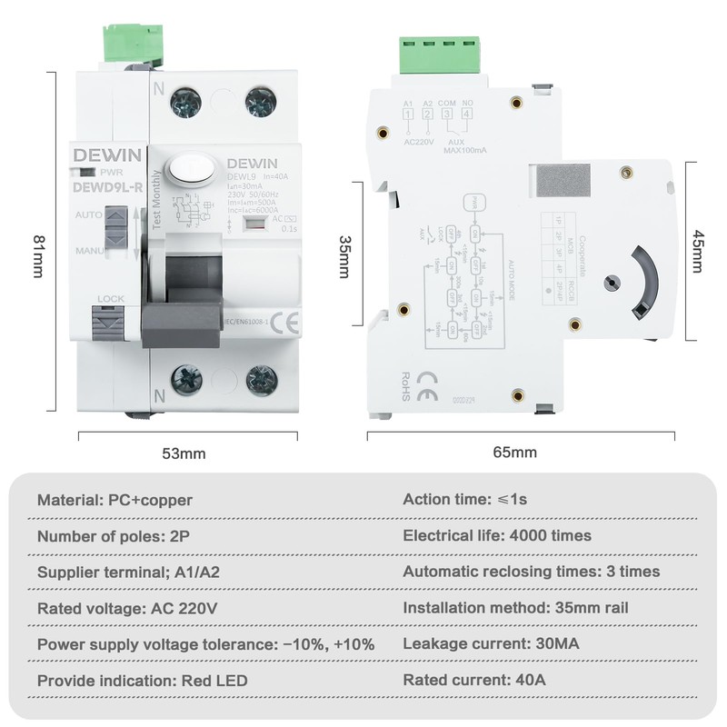 DEWIN Resettable Automatic Rearme Circuit Breaker, RCCB Automatic Reclosing Switch