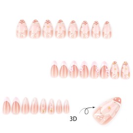 24pcs White French Tip Press on Nails Short Almond Fake Nails with 3D Pink Flower Pearl Designs Gold Beads Stick on Nails Summer False Nail Tips Cute Floral Acrylic Nails Glue on Nails for Women
