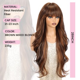 Brown Mixed Blonde Wavy Wig with Bangs, 28 Inches Layered Long Curly Wig for Adult Women, Heat-Resistant Synthetic Hair Replacement Wigs, Natural Appearance in Brown,for Daily Use
