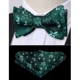 HISDERN Mens Green Bow Tie Set Wedding Floral Selt Tie and Pocket Square Set Formal Party Bowtie & Handkerchief