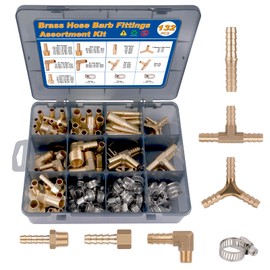 KOOTANS 132pcs Brass Hose Barb Fittings Assortment Kit Barb Splicer, Male Coupler, Female Adapter, 90° Male Elbow, Tee, Y Shaped Union Air Hose Fittings with Clamps for Water Fuel Air Line Connector